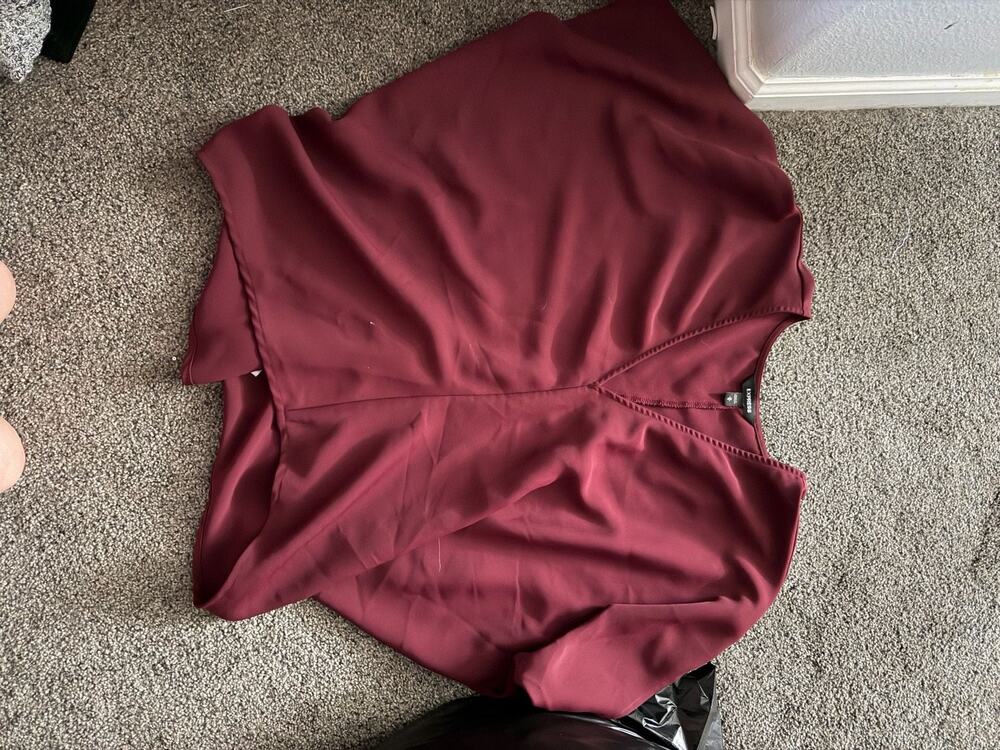 Express Women's Burgundy V-Neck Long Sleeve Blouse
